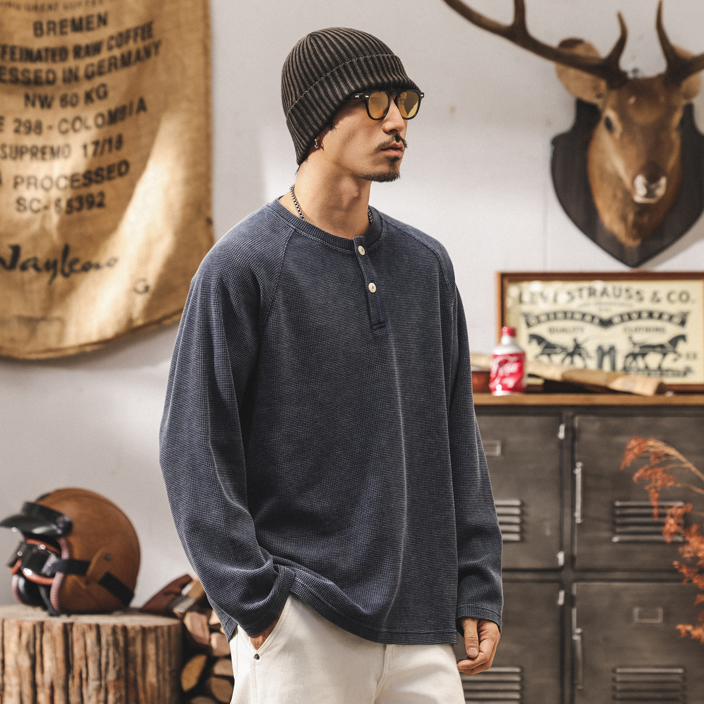 美式復古靛藍水洗長袖t恤男秋季新款300g重磅華夫格衛衣男士上衣T