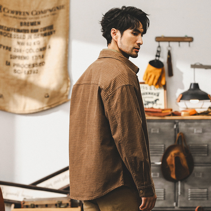 美式複古華夫格工裝襯衫男長袖寬松重磅襯衣戶外通勤男士秋季外套