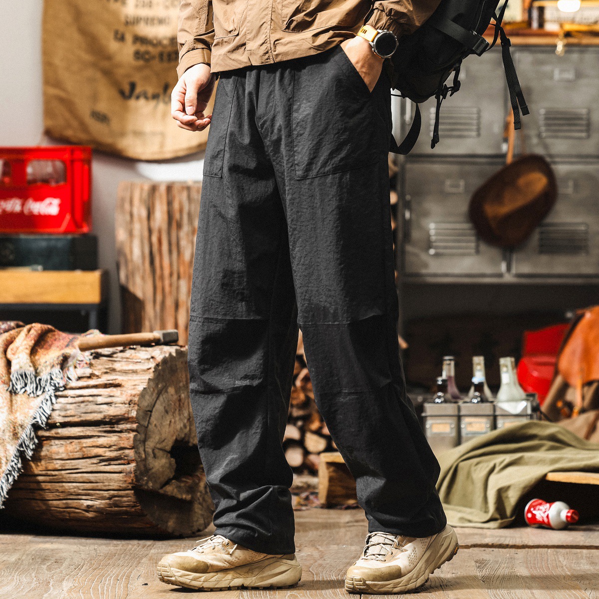 美式薄款杏色工裝傘兵褲男夏季寬鬆闊腿褲城市戶外通勤直筒休閒褲