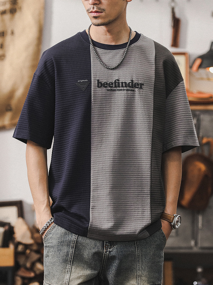 美式華夫格短袖T恤男拼接撞色設計款男士體恤夏季寬鬆大碼上衣男