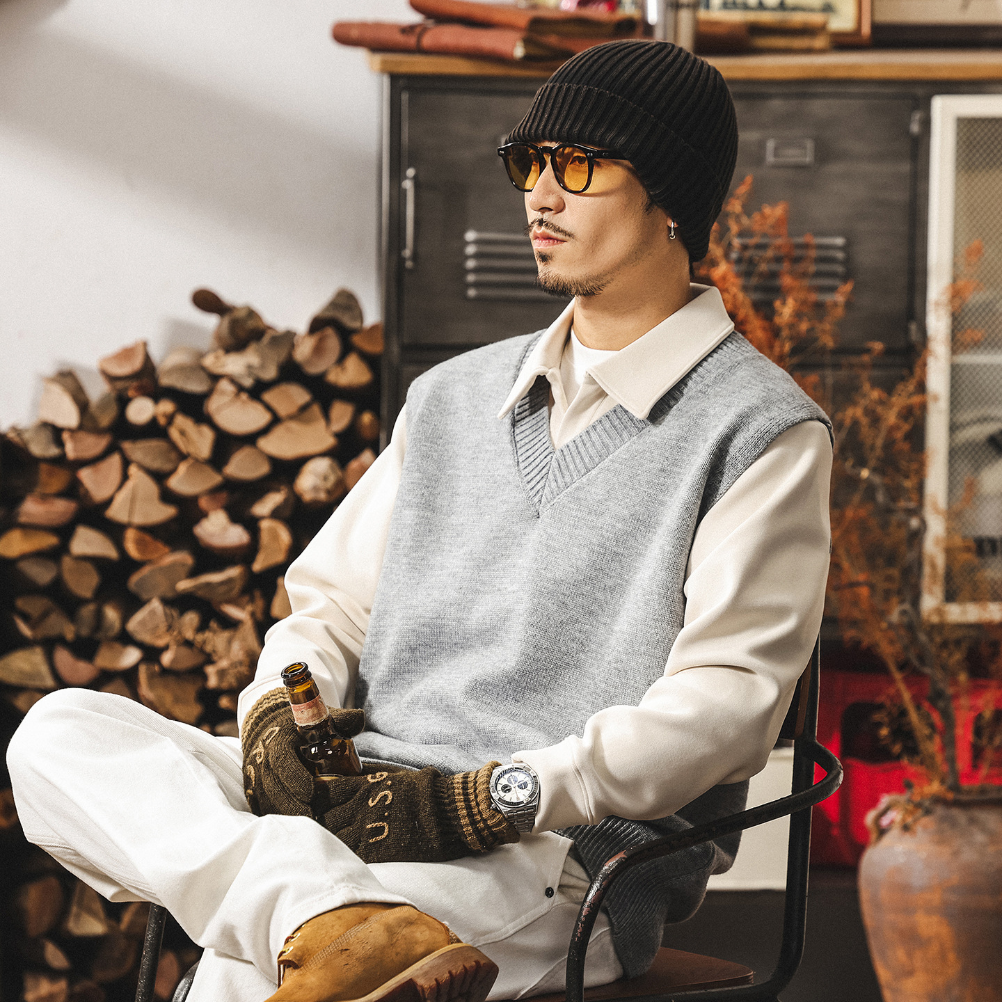 美式復古針織衫馬甲男冬季保暖無袖毛衣男士內搭打底寬鬆坎肩背心