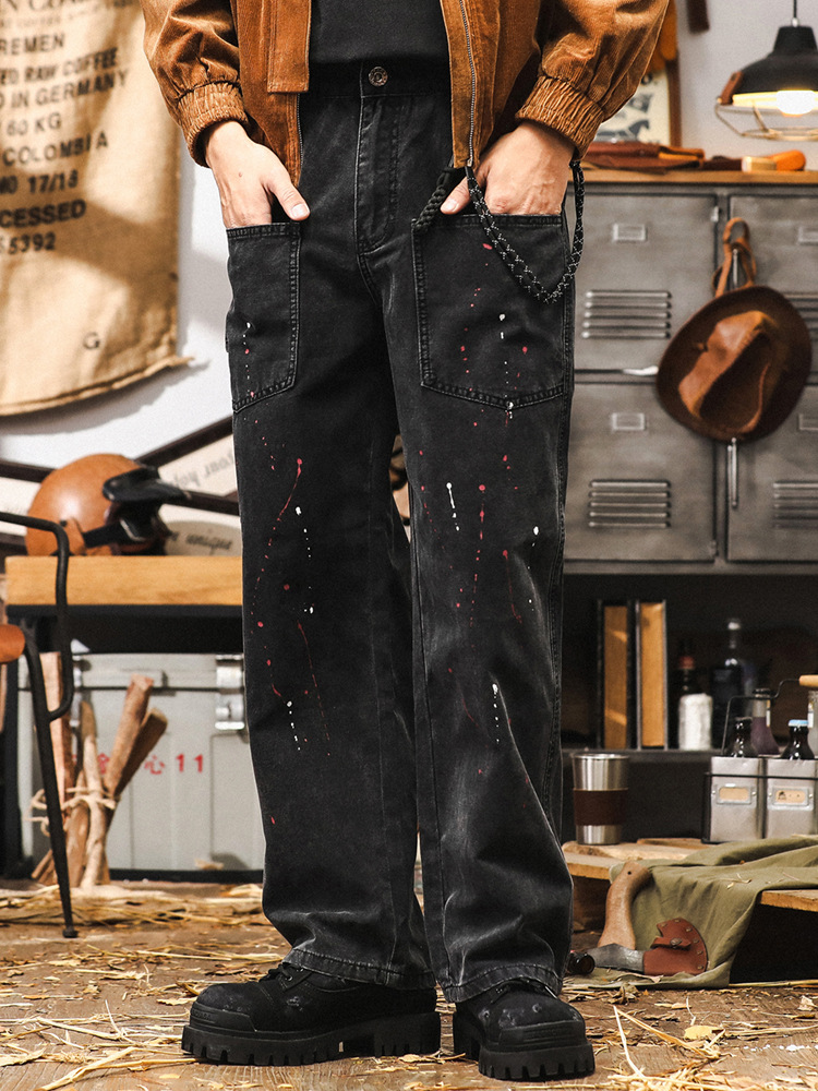 美式復古工裝牛仔褲男秋季寬鬆休閒褲2024新款潮流潑墨直筒褲子男