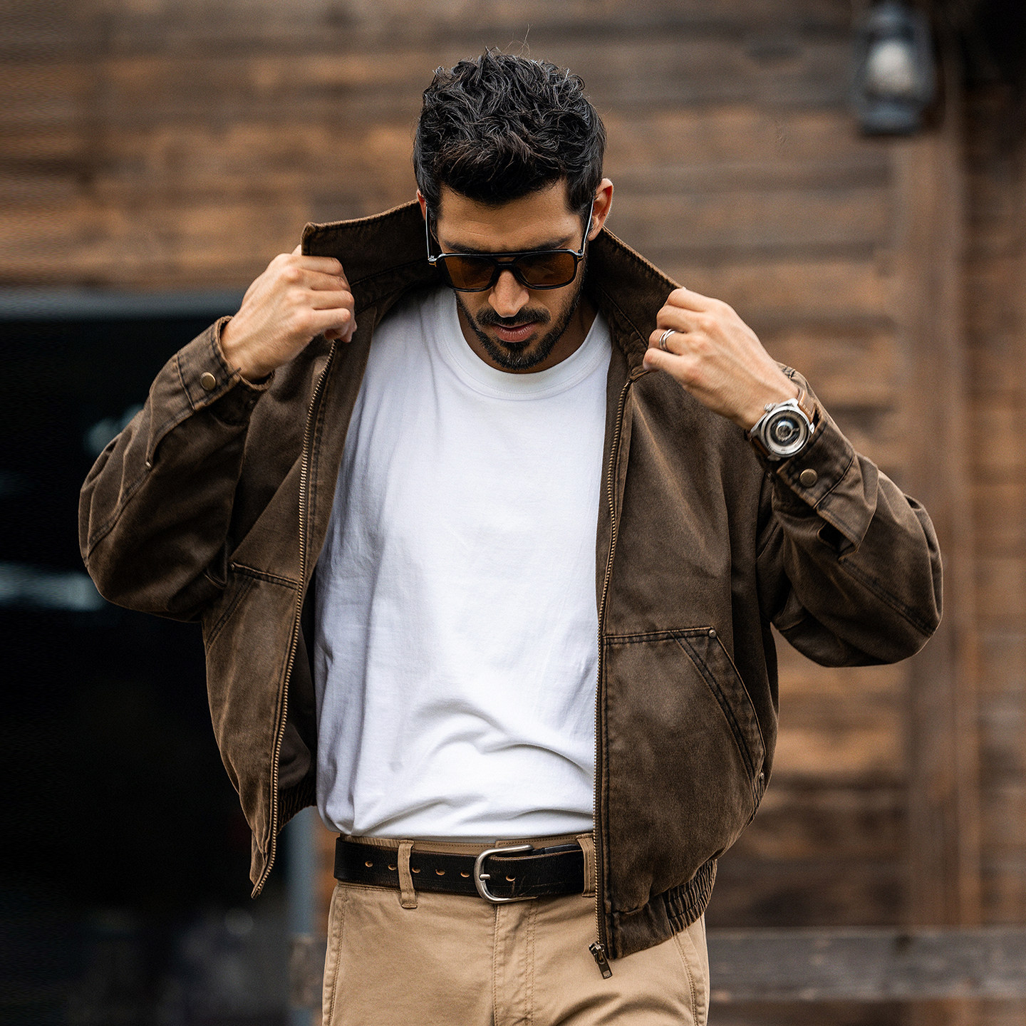 美拉德復古油蠟皮夾克男春季新款潮牌老炮工裝硬漢美式獵裝外套男