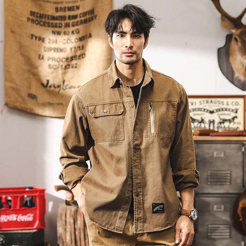 美式復古重磅粗斜工裝襯衫外套男秋季2024新款潮牌獵裝通勤襯衣男