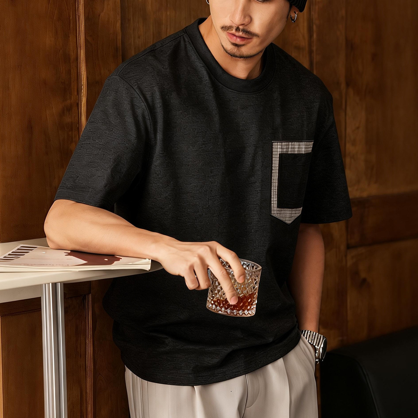 美式復古男士短袖t恤男夏季2026新款潮牌格紋口袋撞色寬鬆上衣男