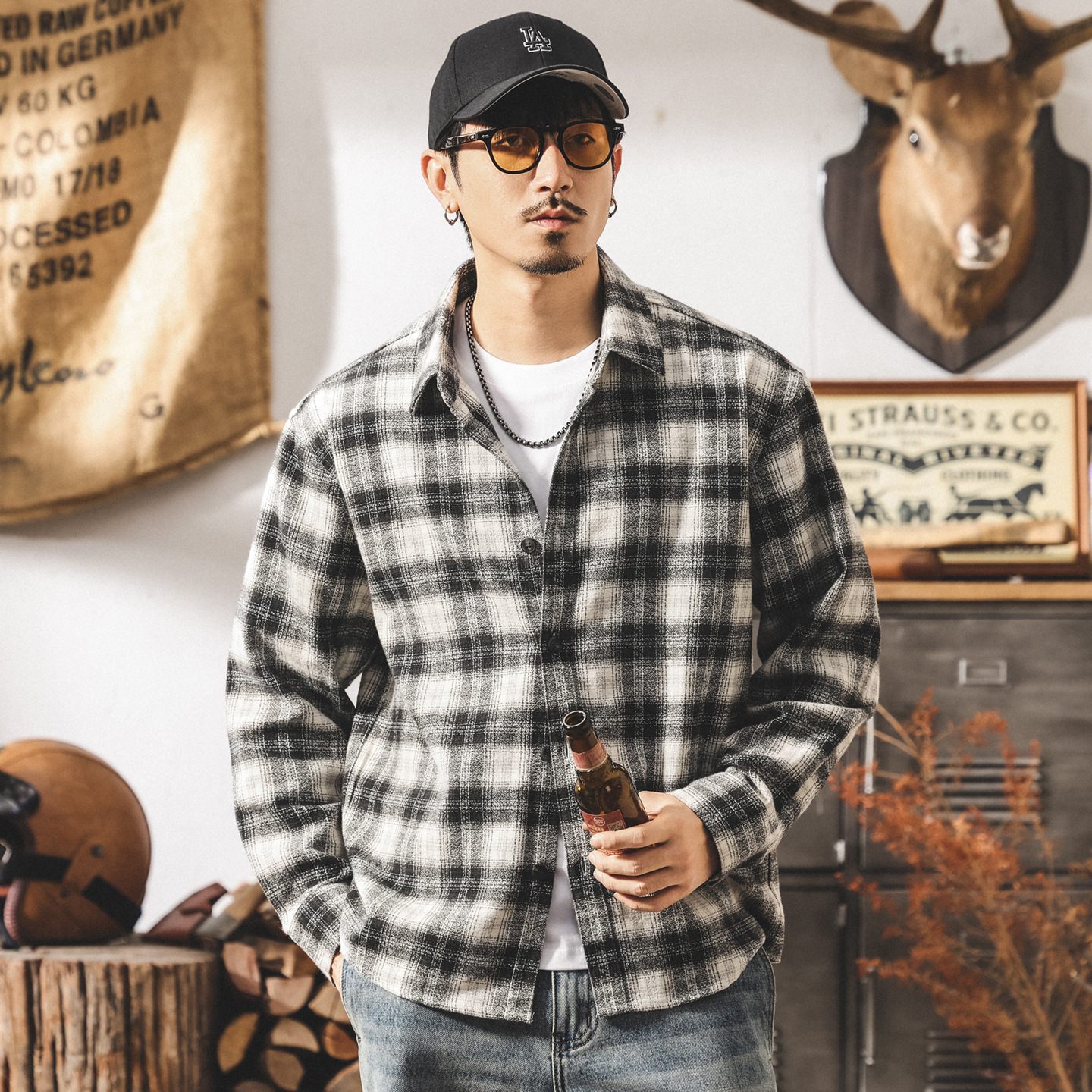 美式復古經典黑白格子襯衫男長袖春秋潮牌新款寬鬆休閒襯衣外套男