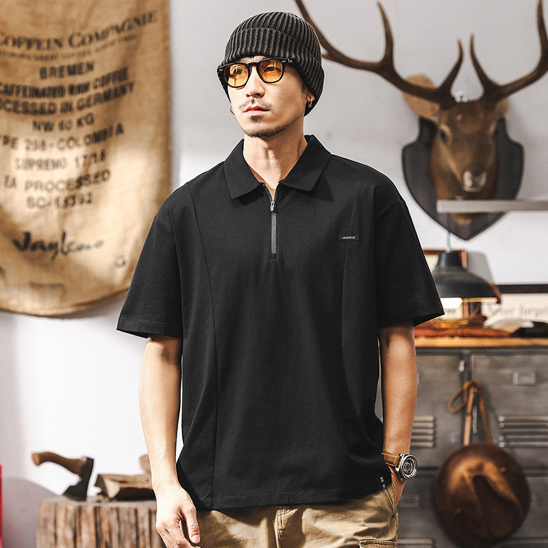 美拉德復古短袖男夏季T恤男美式2025新款寬鬆半高拉鍊男士polo衫