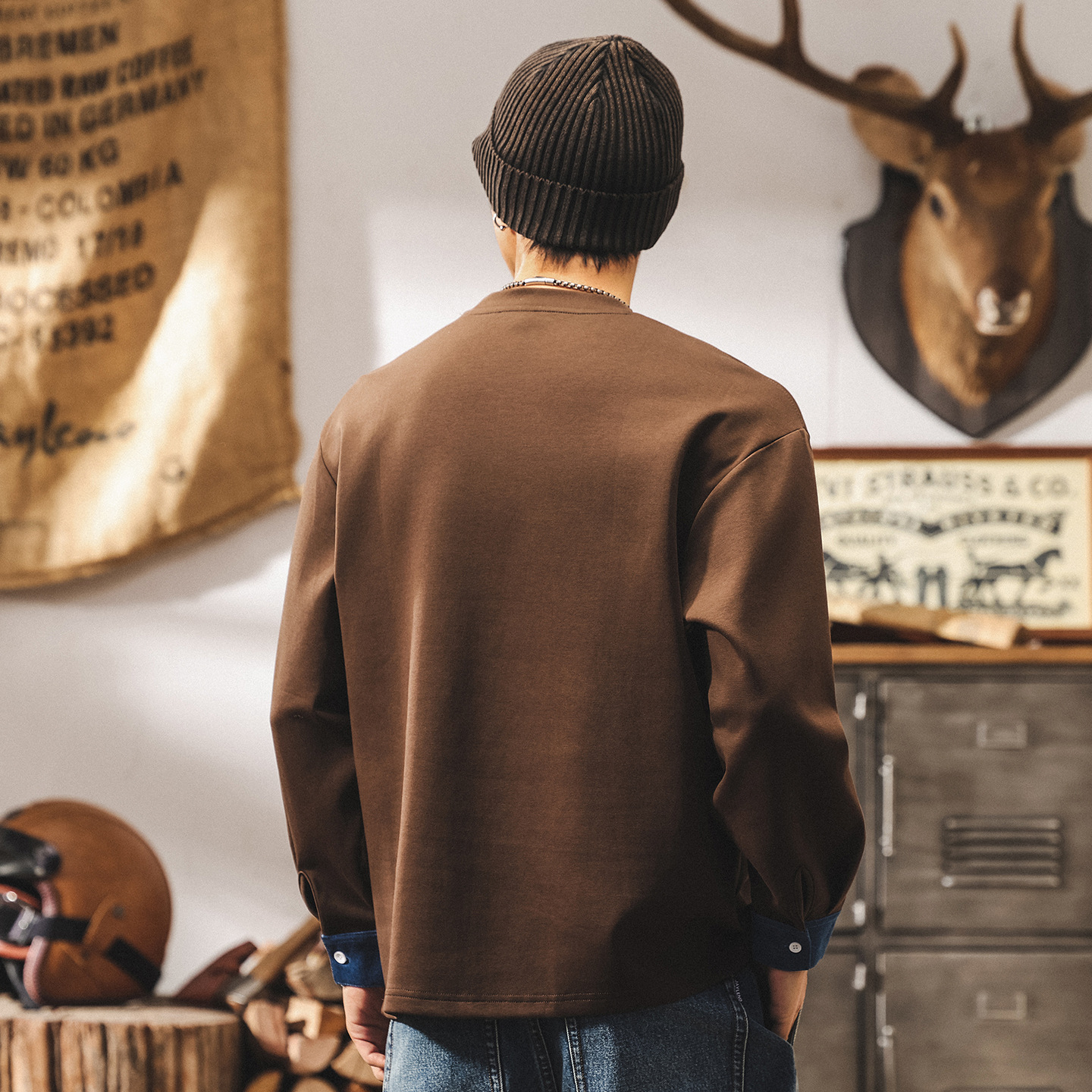 美式復古萊賽爾空氣層衛衣男春秋潮牌300g重磅寬鬆牛仔撞色上衣男