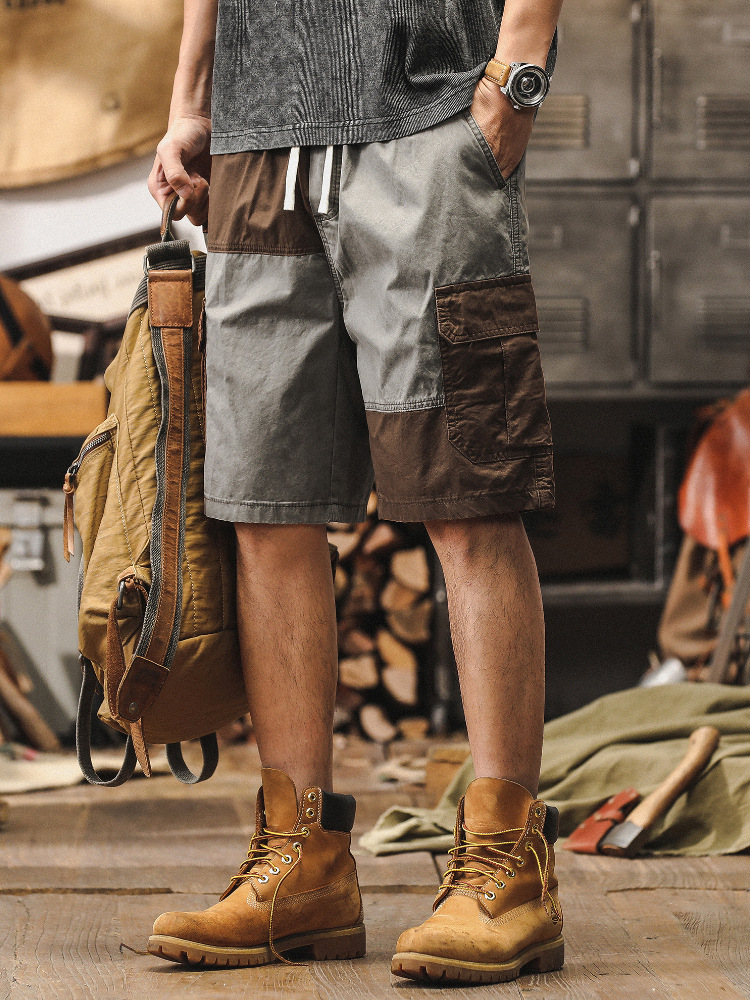 傑雷諾美式潮牌復古拼接撞色工裝短褲男夏季寬松休閑男士運動中褲