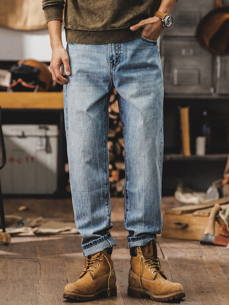 美式經典淺藍色直筒牛仔褲男春季2024新款復古磨白扎花水洗休閒褲