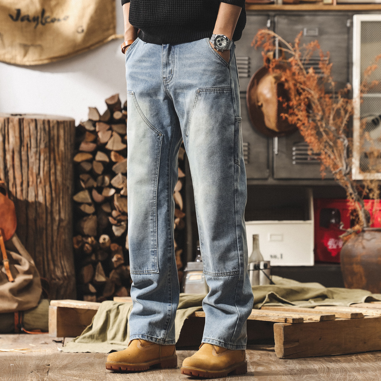 美式復古水洗牛仔褲男直筒春季潮牌工裝褲伐木工褲男士寬鬆休閒褲