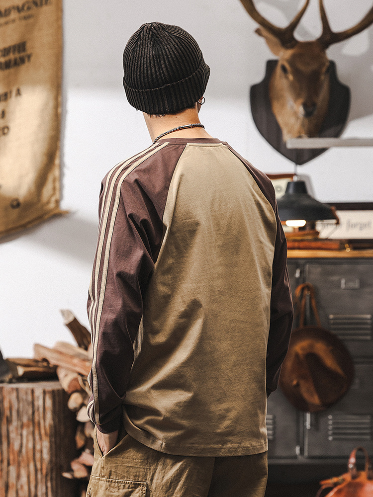 美式復古春季插肩袖拼色男士T恤男長袖2025新款寬鬆休閒上衣