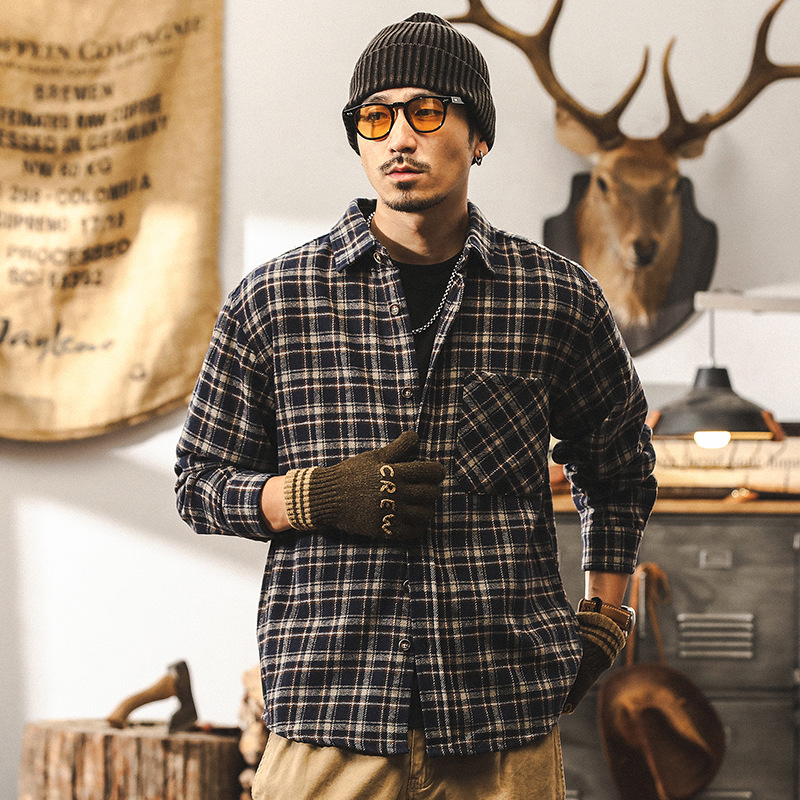美式復古425g重磅磨毛色織格子襯衫男秋冬款潮牌寬鬆休閒襯衣男款