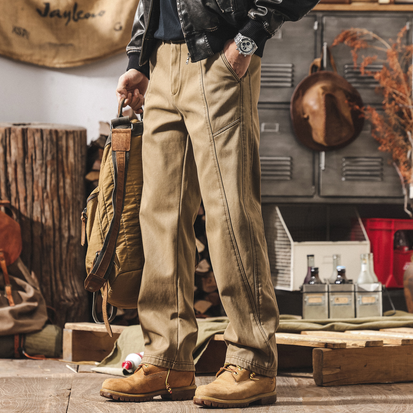 美式復古加絨工裝褲子男士新款冬季加厚潮牌水洗寬鬆直筒休閒長褲