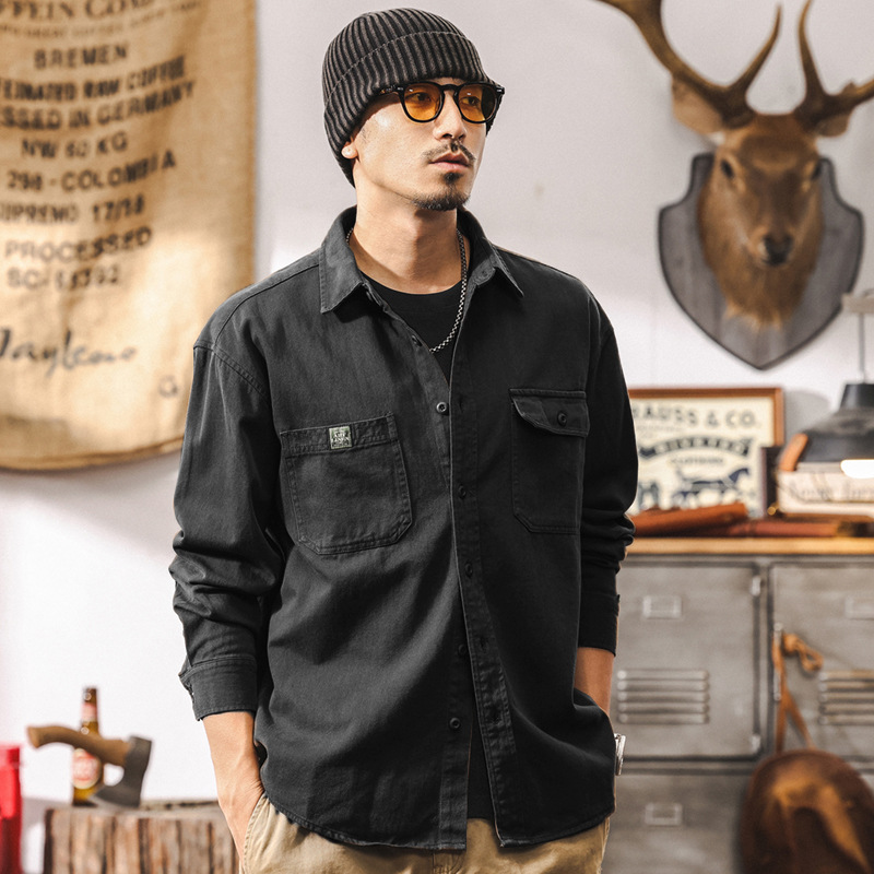 美式復古長袖襯衫男春季寬鬆休閒2025新款阿美咔嘰工裝襯衣外套男