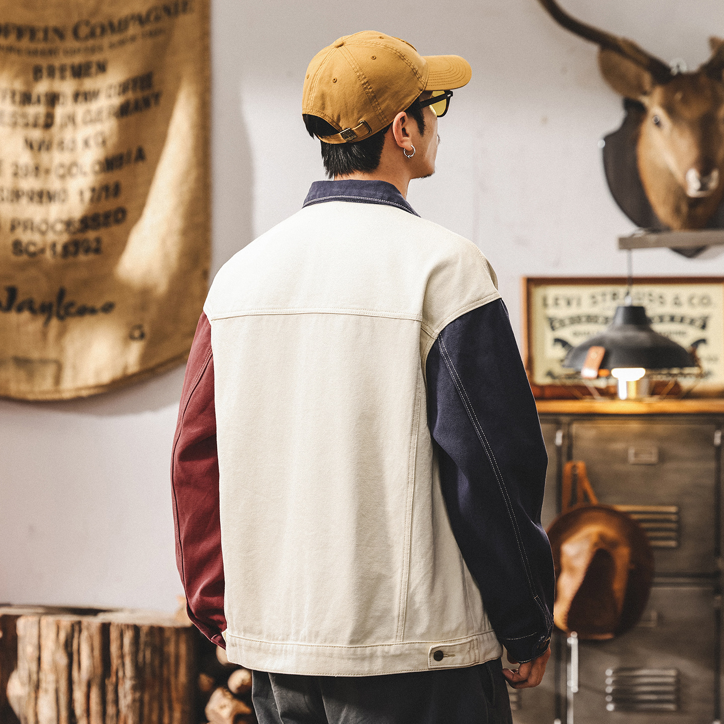 美式復古工裝外套男秋春2025新款潮牌帥氣拼接撞色寬鬆夾克男秋季