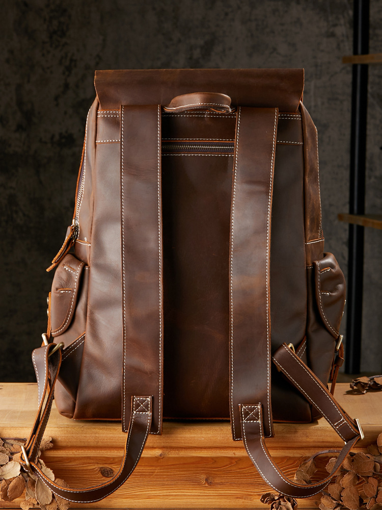 手工牛皮復古雙肩包男真皮戶外旅行背包男士百搭瘋馬皮男包電腦包