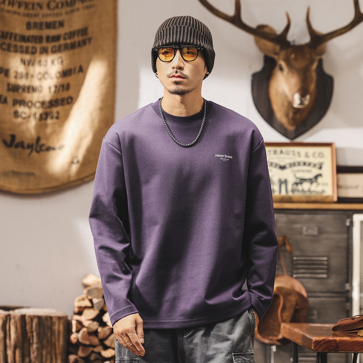 美式重磅復古長袖t恤男2025新款秋季潮流簡約寬鬆大碼休閒上衣男