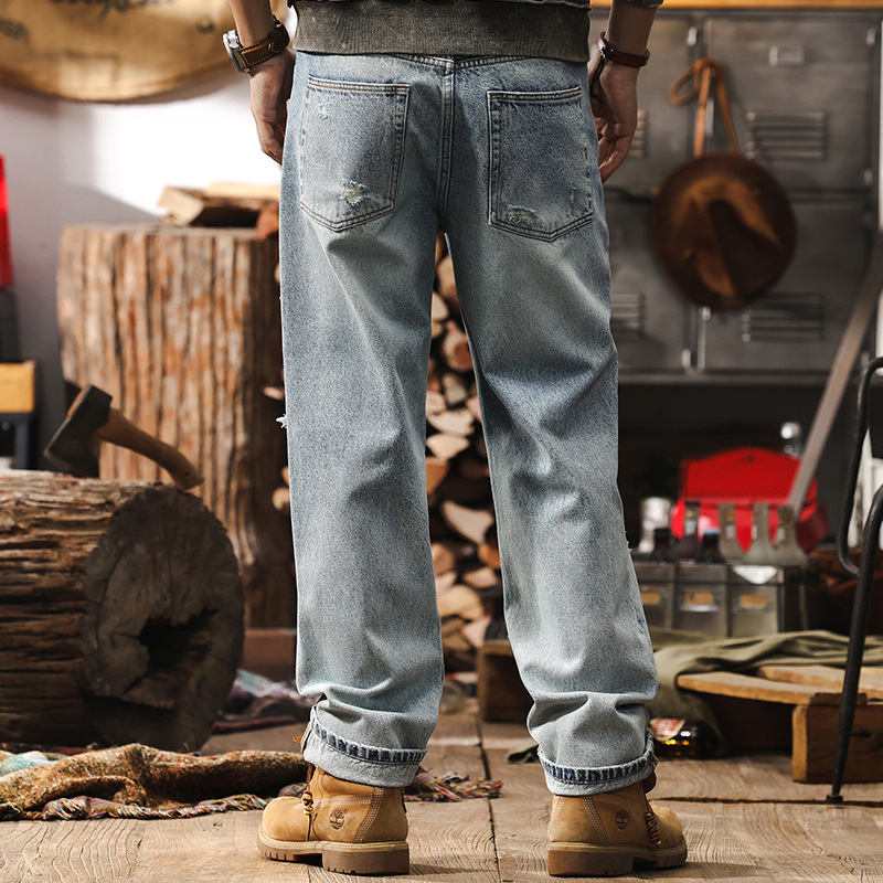 美式高街破洞水洗牛仔褲男春季復古潮牌直筒褲痞帥刮爛乞丐休閒褲