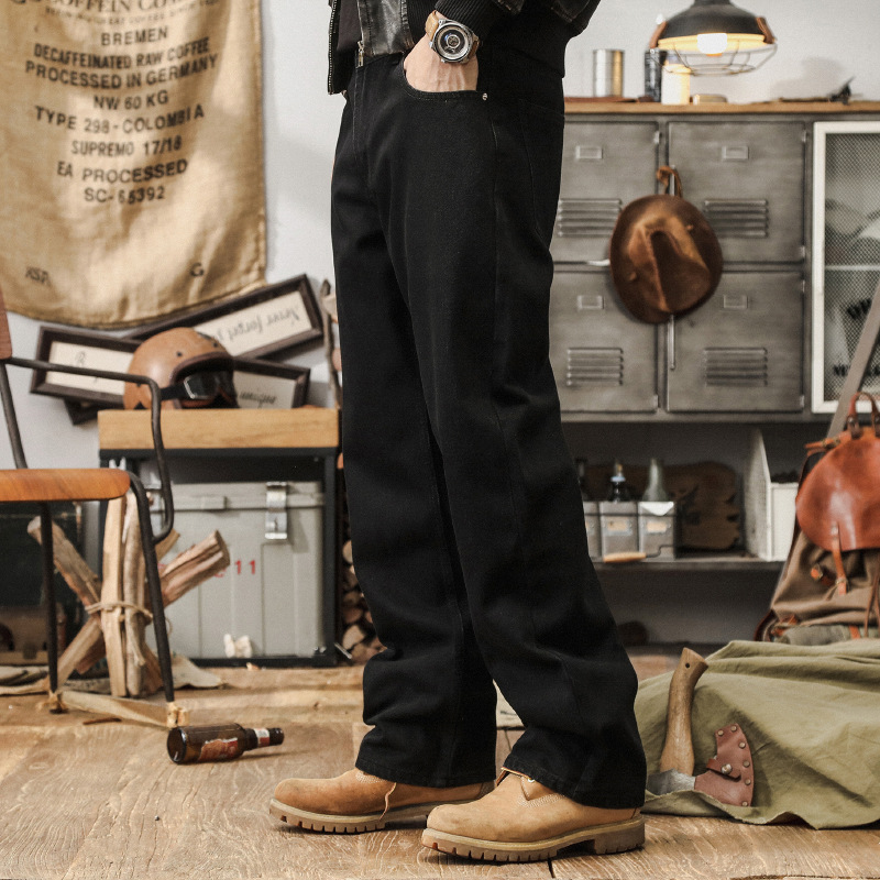 美式復古黑色牛仔褲男2024新款休閒長褲寬鬆直筒加絨男士秋冬褲子