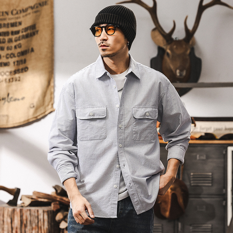 美式復古經典條紋襯衫男長袖2025新款春季日系牛津紡長袖襯衣