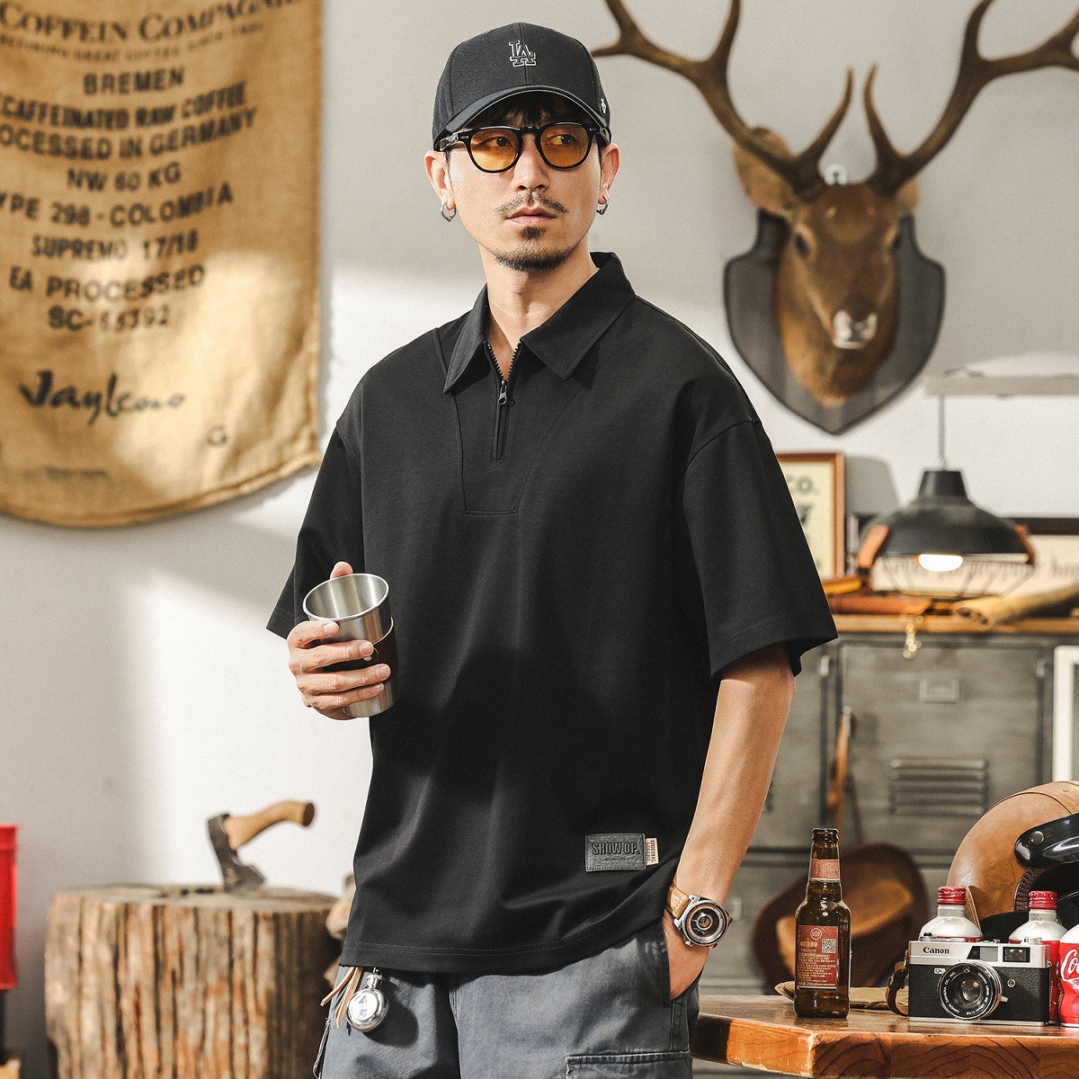 萊賽爾天絲半拉鍊男生短袖polo衫夏季新款潮牌翻領T恤寬鬆上衣男