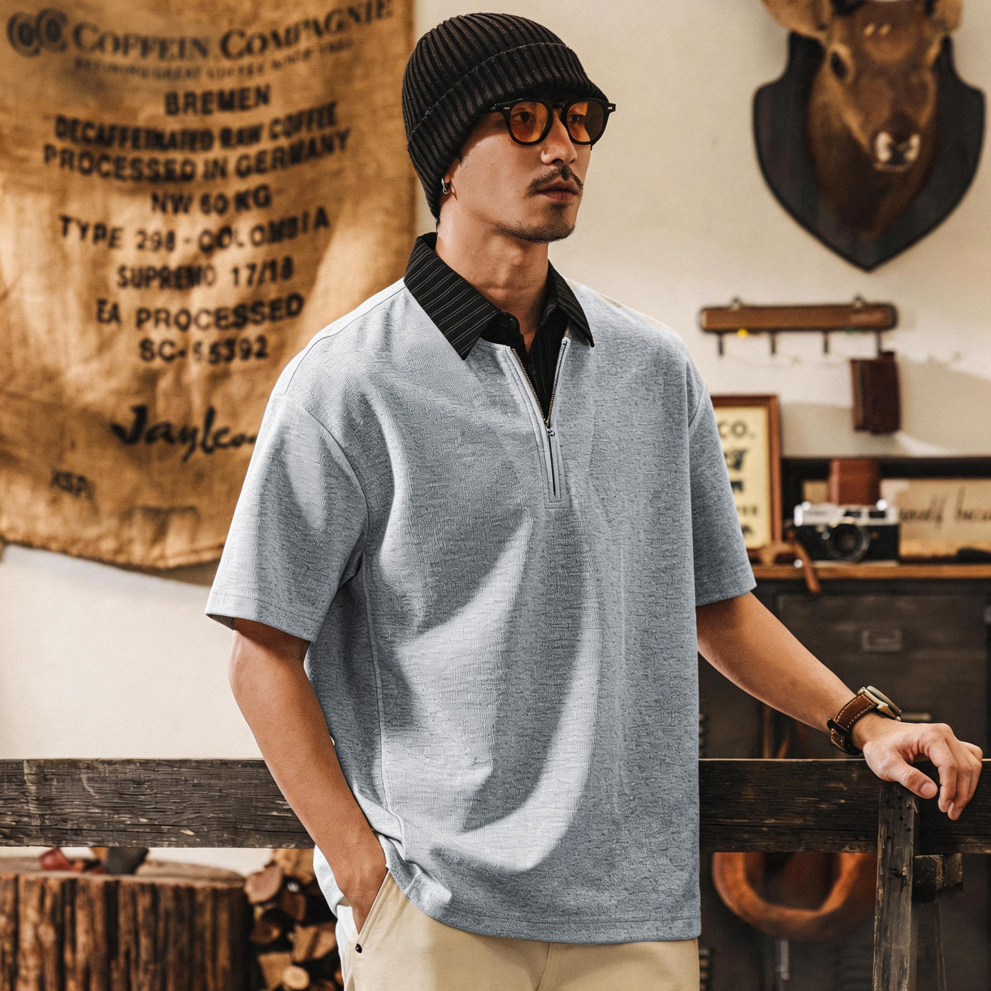 美式復古假兩件條紋襯衫領T恤短袖男款Polo衫夏季潮流寬鬆亨利衫