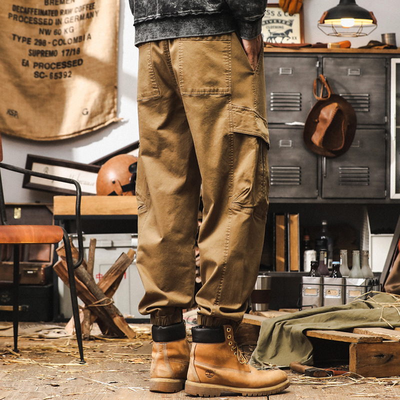 美式復古工裝褲男2024新款寬鬆潮牌卡其色褲子男秋季束腳休閒褲男