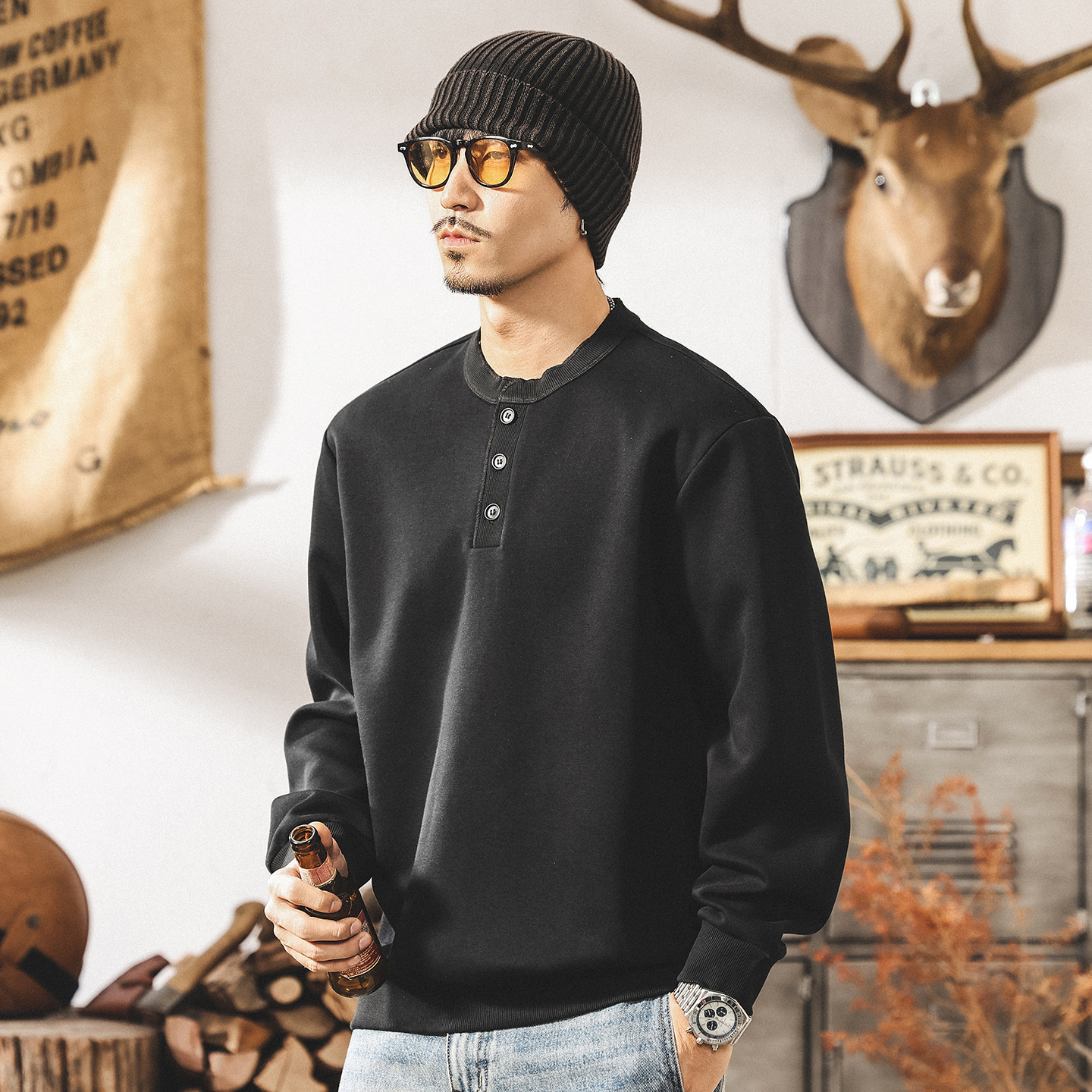 美式復古亨利領衛衣男2026新款春季300g重磅寬鬆休閒男士長袖上衣