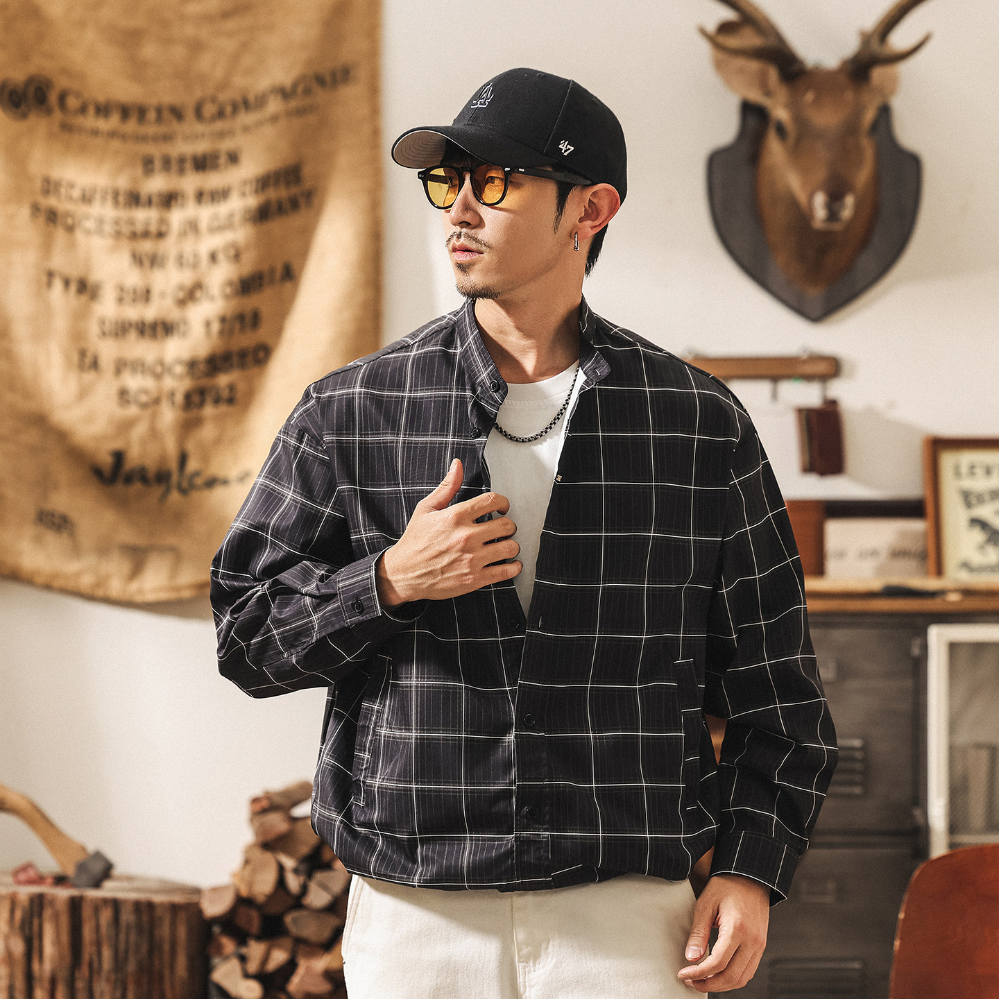 美式復古假兩件格子襯衫外套男春季潮流寬鬆長袖襯衣男士休閒夾克