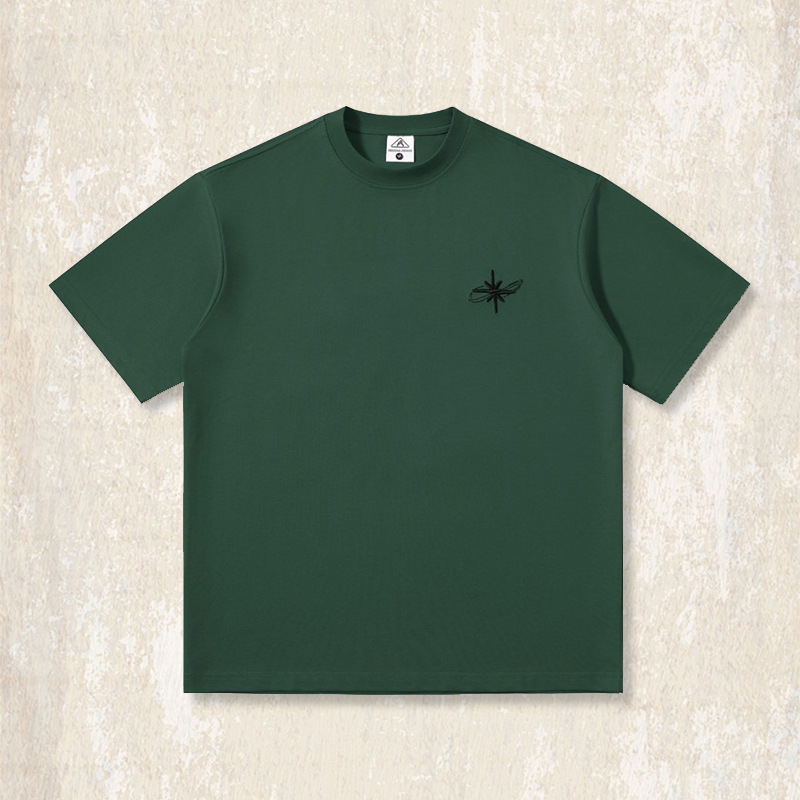 【涼感科技】美式復古簡約刺繡短袖男夏季T恤潮牌寬鬆酒紅色上衣