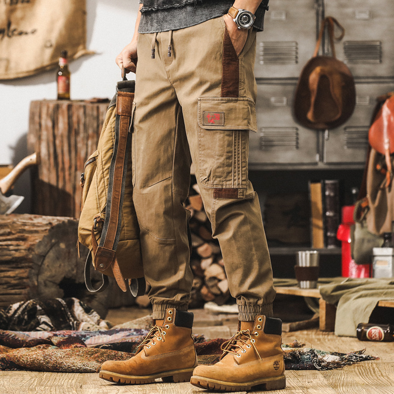 美式復古工裝褲子男秋季2024新款潮牌戶外束腳褲男士卡其色休閒褲