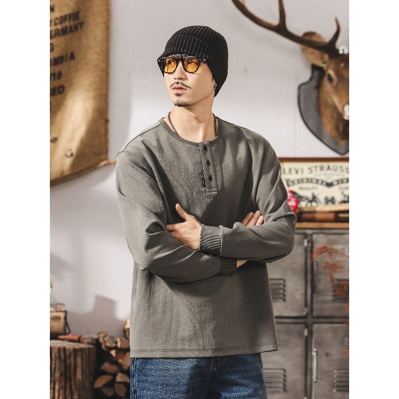 美式復古重磅T恤男長袖春秋款寬鬆圓領衛衣潮牌硬漢亨利領polo衫