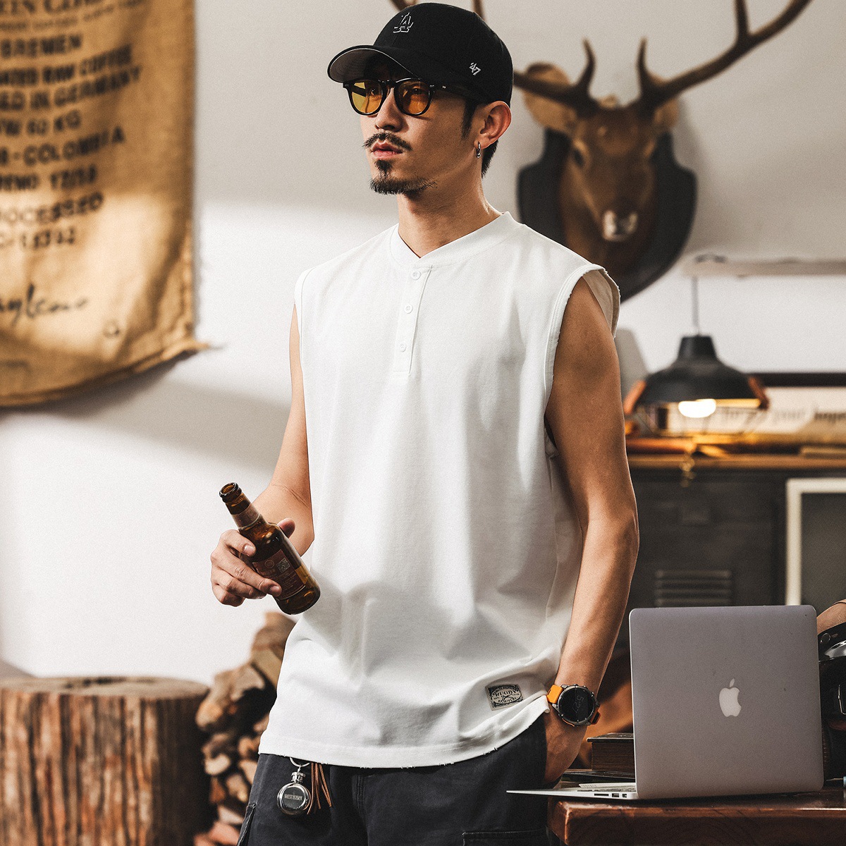 美式復古亨利領無袖白色T恤男夏季寬鬆潮牌坎肩運動健身背心上衣T