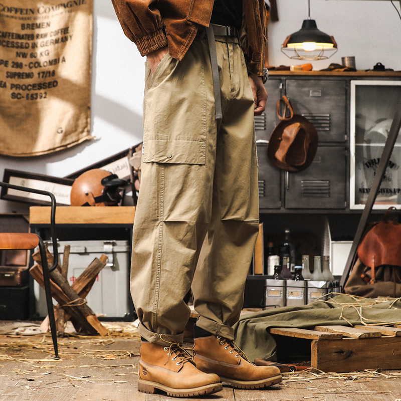 美式復古卡其色工裝褲子男直筒秋季潮牌多口袋設計寬鬆休閒長褲男
