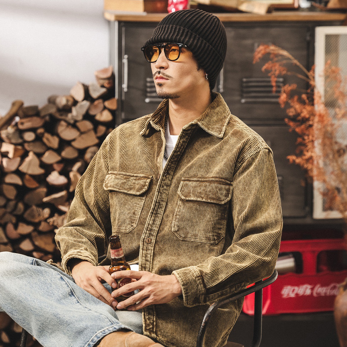 美式復古工裝襯衫男長袖春秋潮牌襯衣男寬鬆老錢風燈芯絨夾克外套