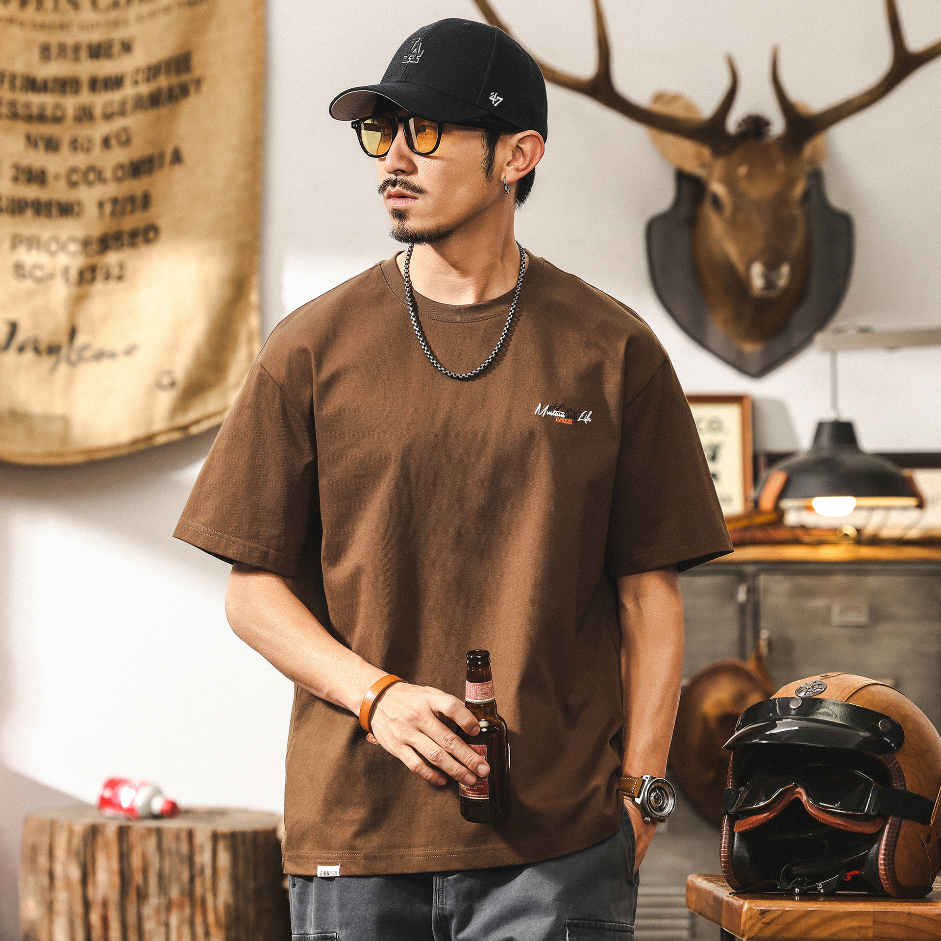 美式復古短袖男夏季新款潮牌山系刺繡男士T恤寬鬆美拉德男生上衣