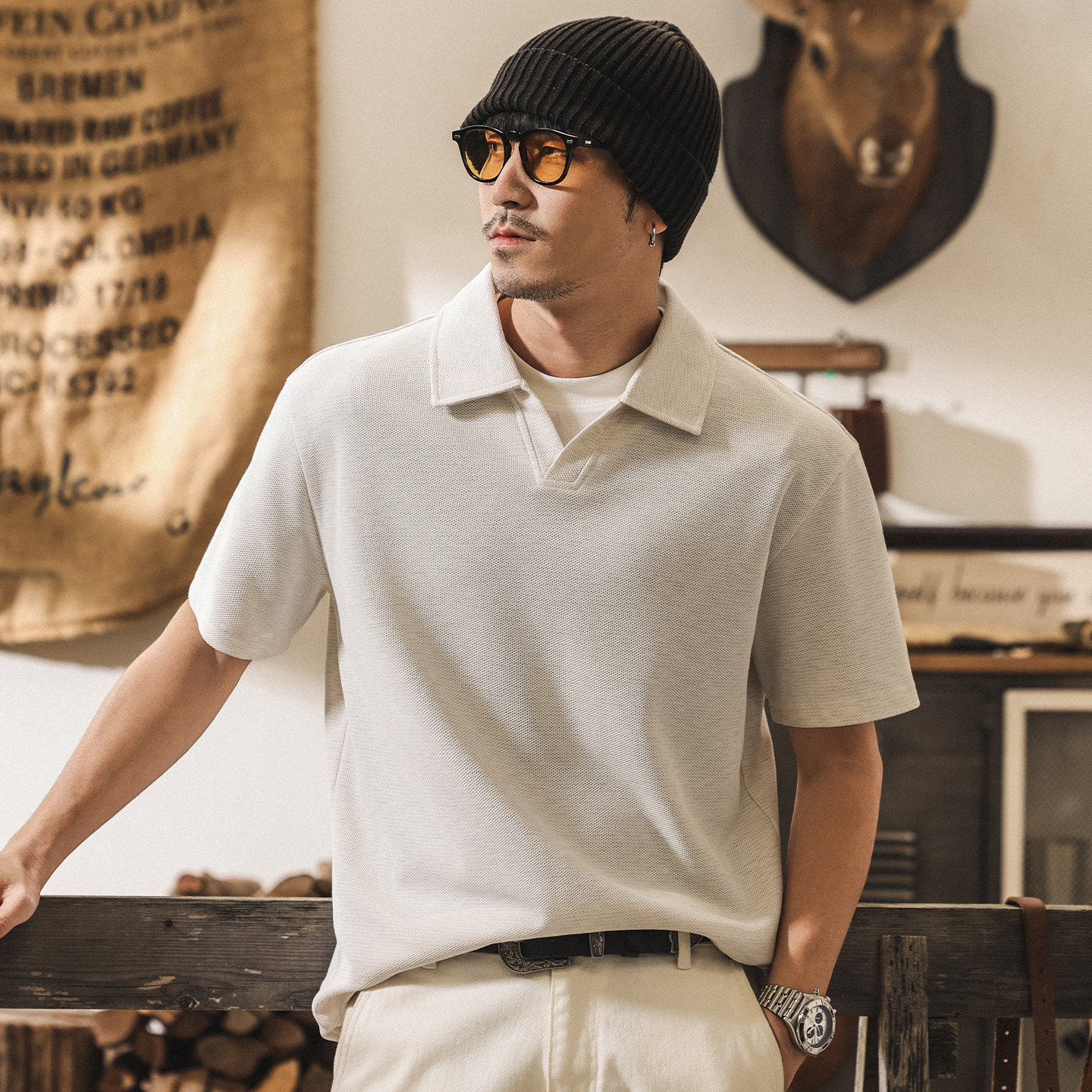 美式復古假兩件海鷗領Polo衫男短袖夏季寬鬆潮牌男士T恤亨利衫男