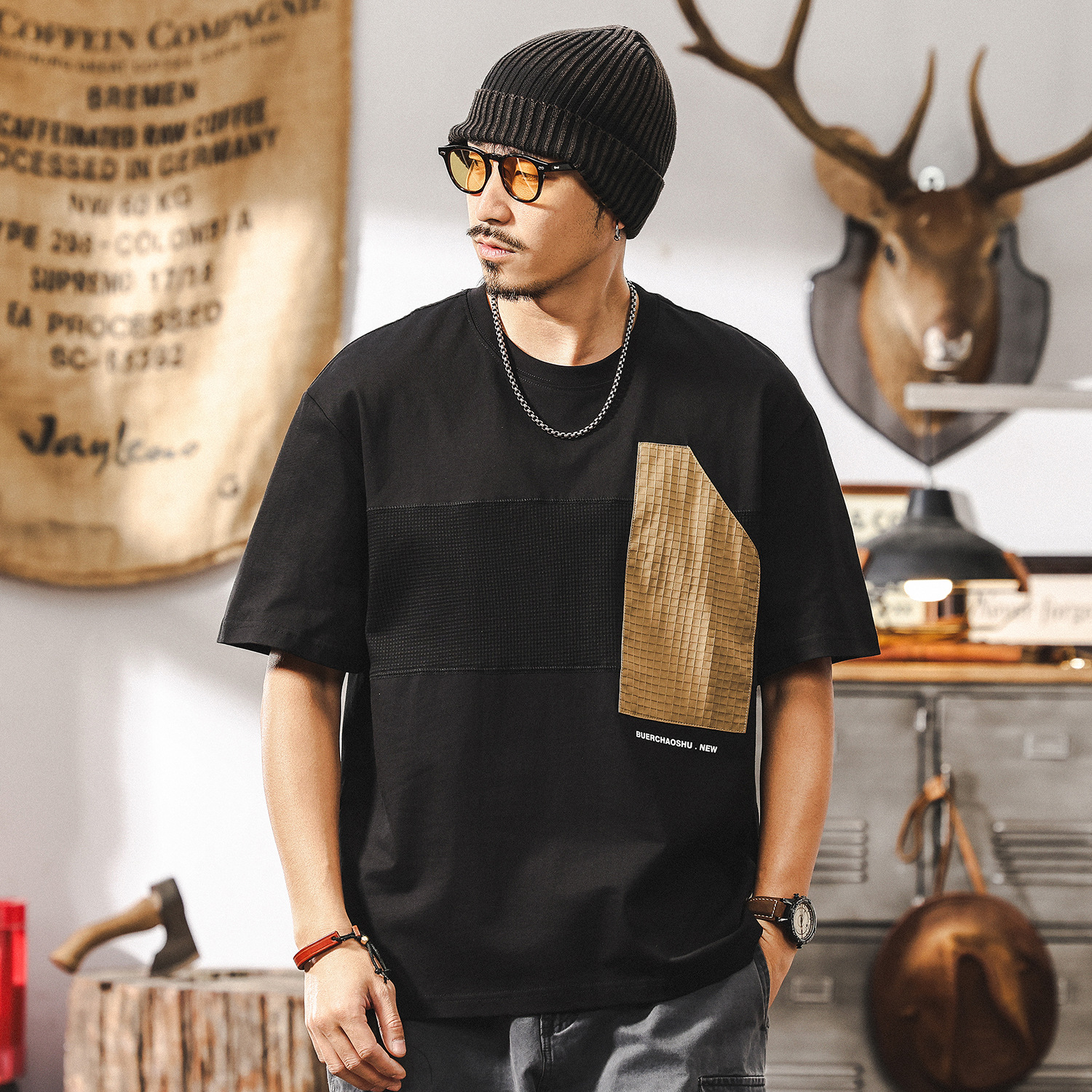 美式復古230g重磅短袖男士T恤夏季潮流拼接高級感半截袖男裝體恤