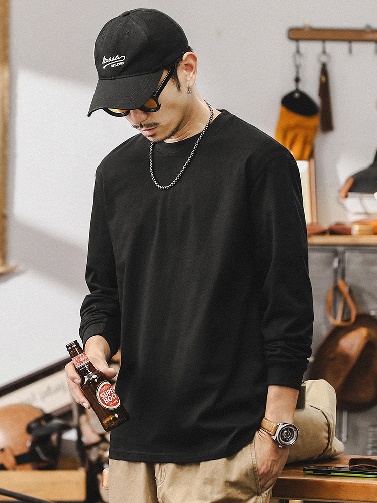 美式潮牌260g重磅長袖T恤男秋季寬松簡約百搭打底衫男款休閑上衣T