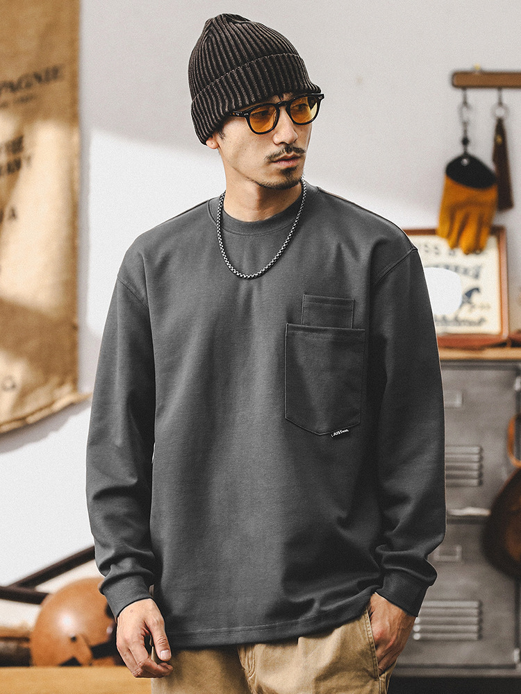 美式重磅長袖T恤男秋季潮牌雙口袋設計體恤男款百搭寬松白色上衣T