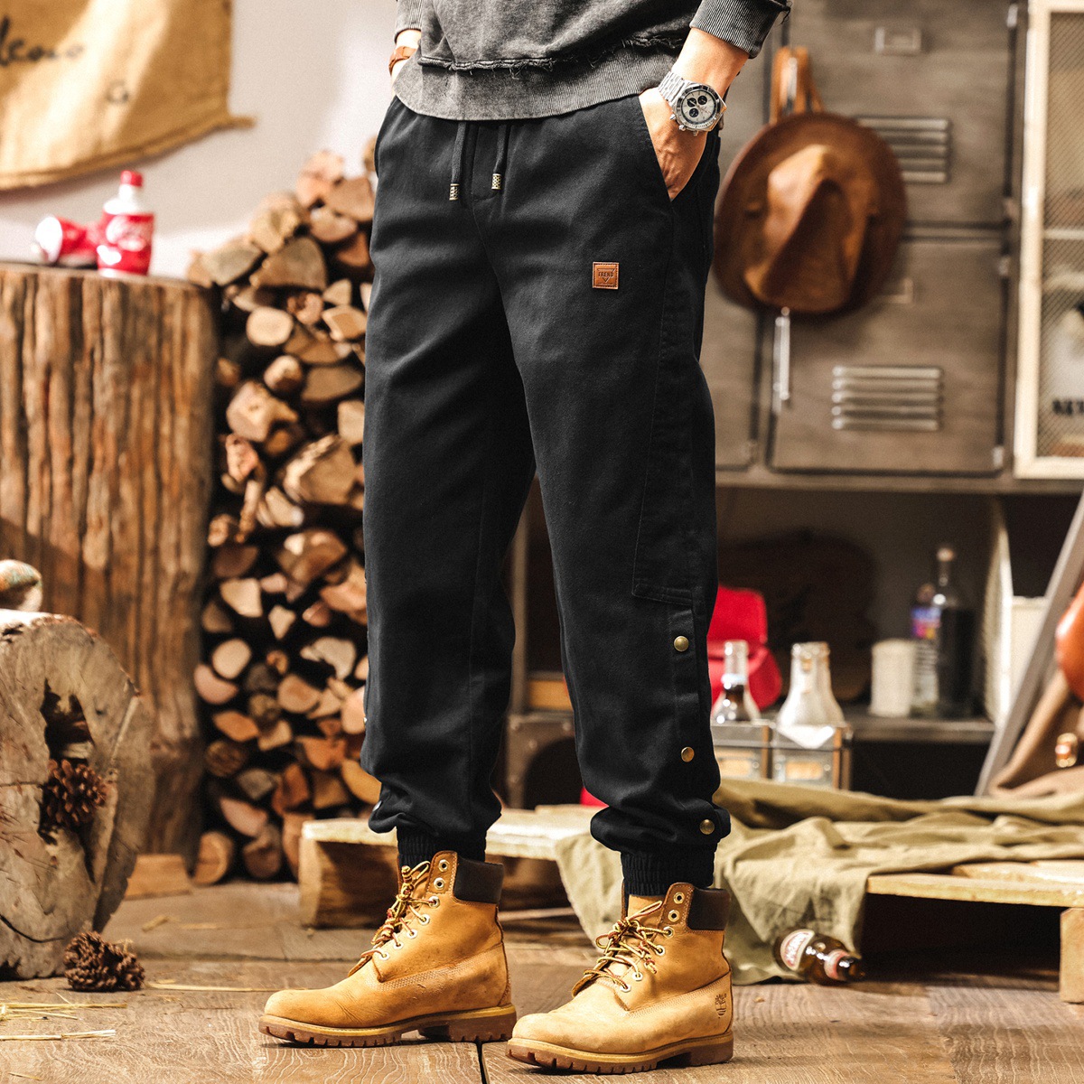 美式重磅復古加絨褲子男士冬季加厚雪花絨休閒褲男款束腳工裝褲子