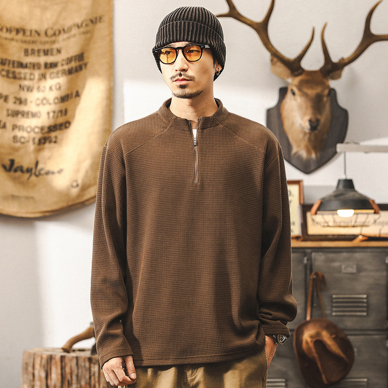 美式復古歐棉絨400g重磅衛衣男春秋長袖T恤男秋季半拉鍊寬鬆上衣