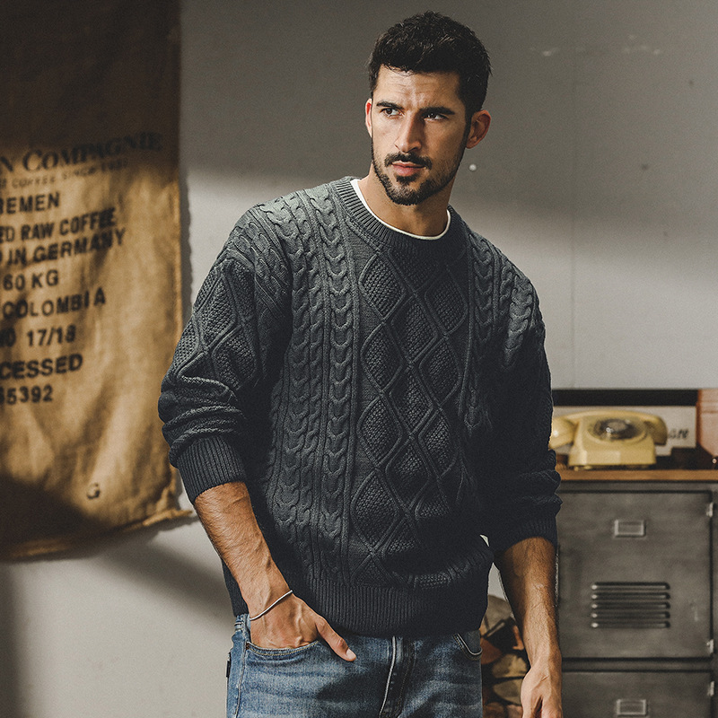 杰雷諾美式重磅經典復古毛衣男秋冬款寬鬆ins潮牌格紋針織衫外套