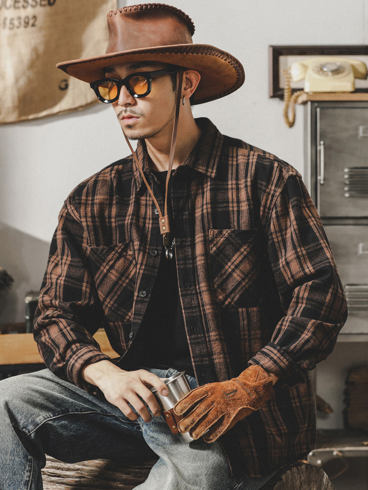 美式復古重磅純棉長袖格子襯衫男加厚寬鬆休閒襯衣潮牌外套秋冬款