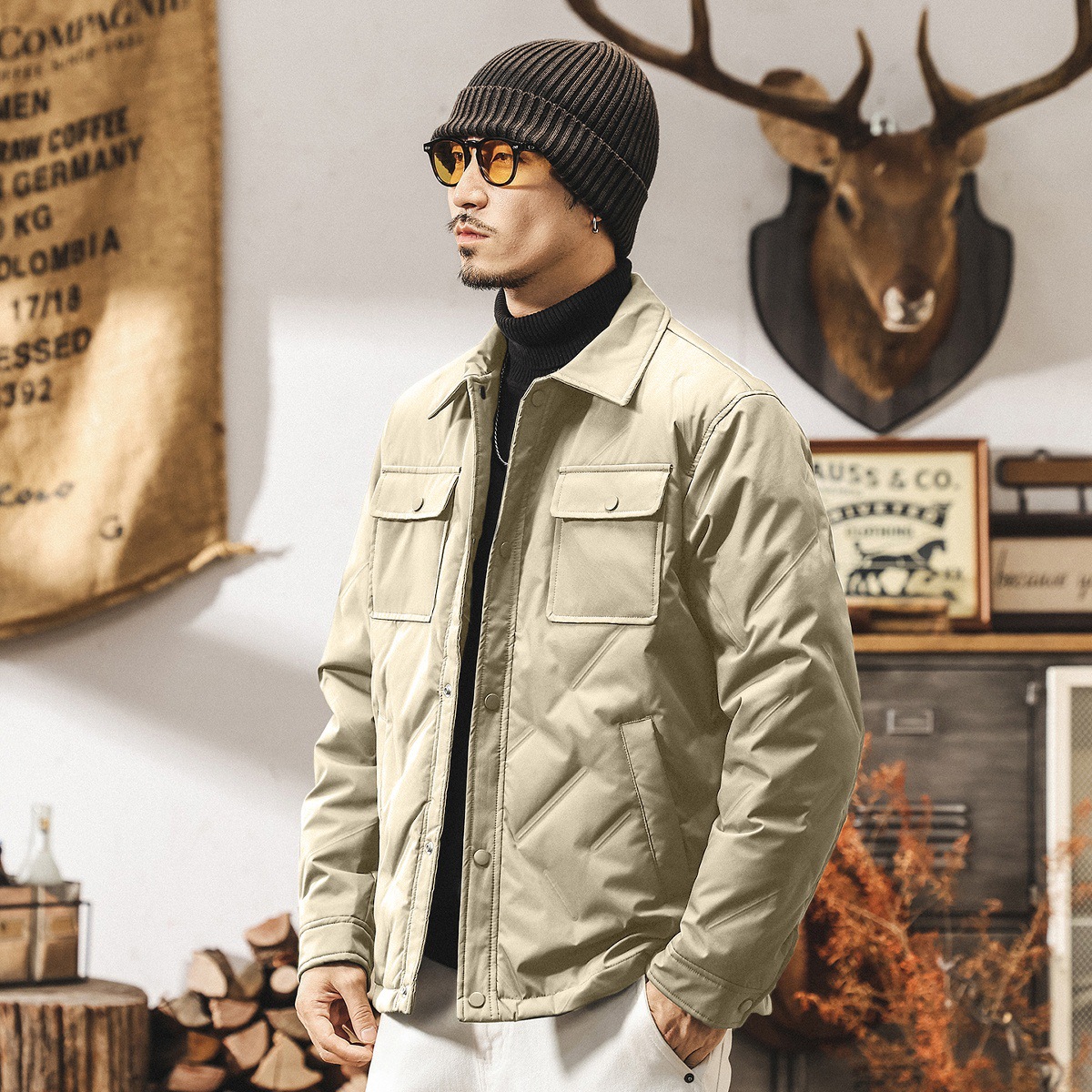 美式復古90白鴨絨輕薄羽絨服男冬季新款潮牌壓花羽絨襯衫夾克外套