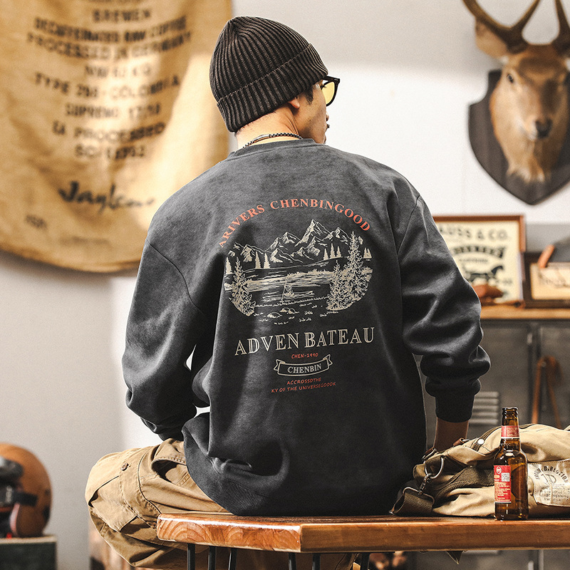 美式復古360g重磅圓領衛衣男春秋款潮牌寬鬆上衣男士印花體恤男款