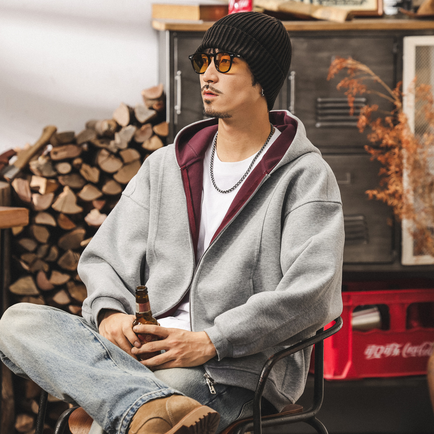 美式復古重磅開衫連帽衛衣男春秋新款雙拉鍊外套男士秋冬寬鬆上衣