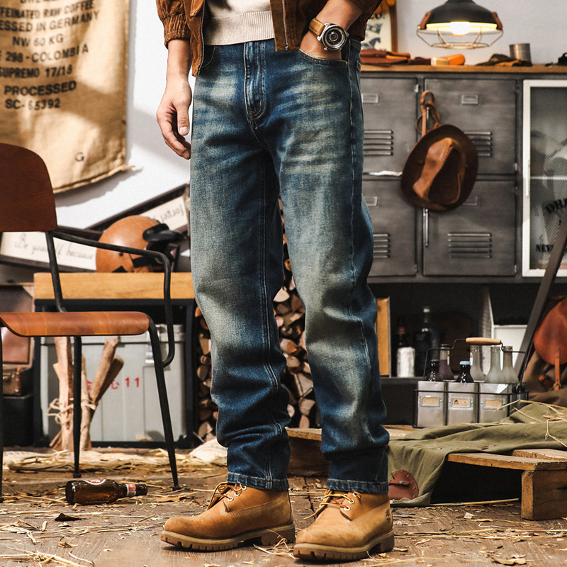 美式經典復古牛仔褲男秋季2024新款寬鬆直筒潮牌做舊水洗休閒長褲