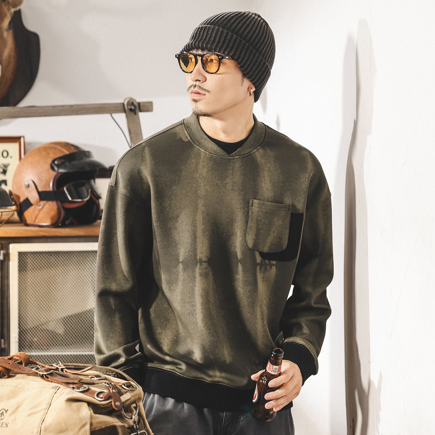 美式復古麂皮絨360g重磅衛衣男春秋款潮牌髒染寬鬆假兩件男士上衣